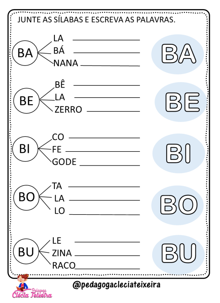 Atividades de alfabetização sílabas letras B C D F G H