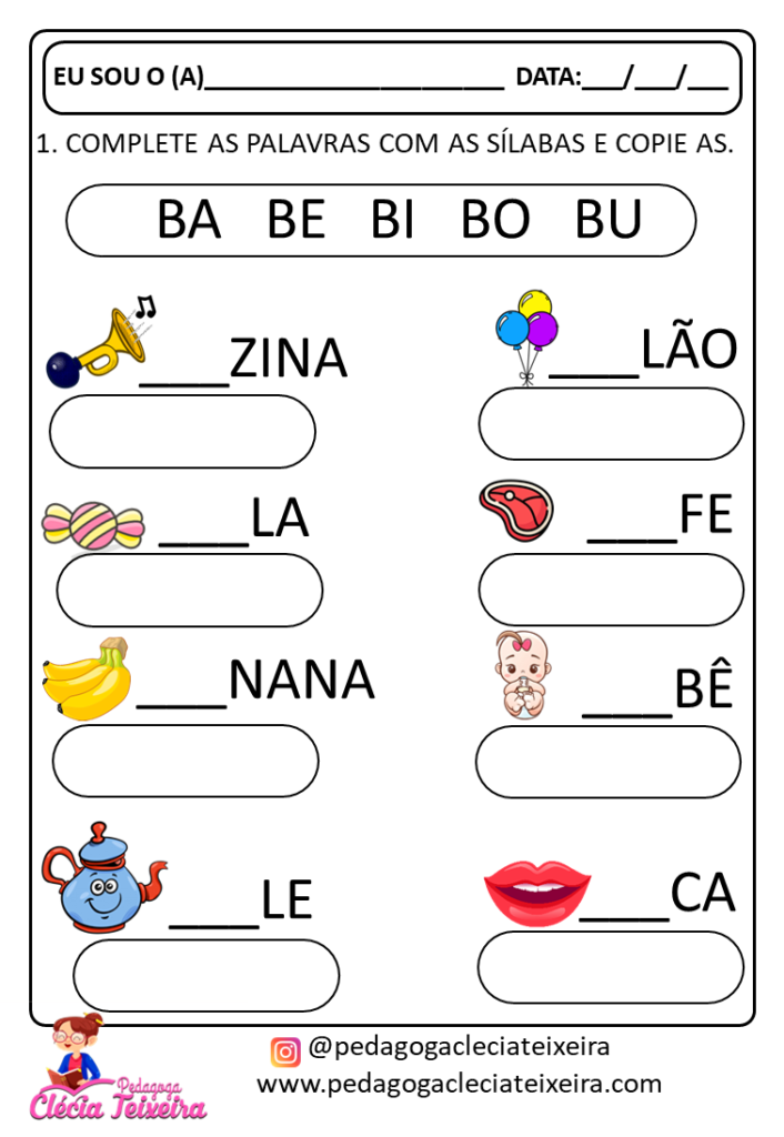 15 Atividades de alfabetização sílabas simples para imprimir