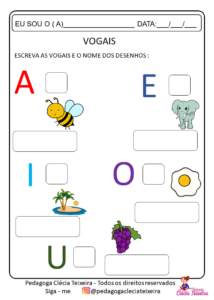 Atividades com vogais AEIOU - Clécia Teixeira