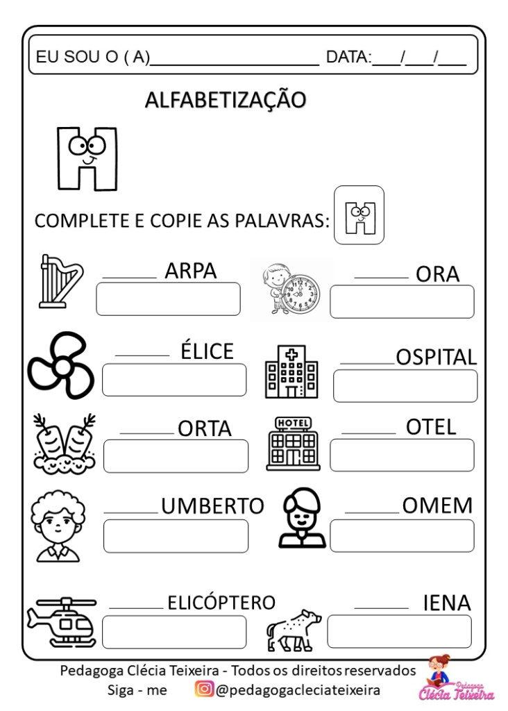 Atividades com letras e escrita das palavras