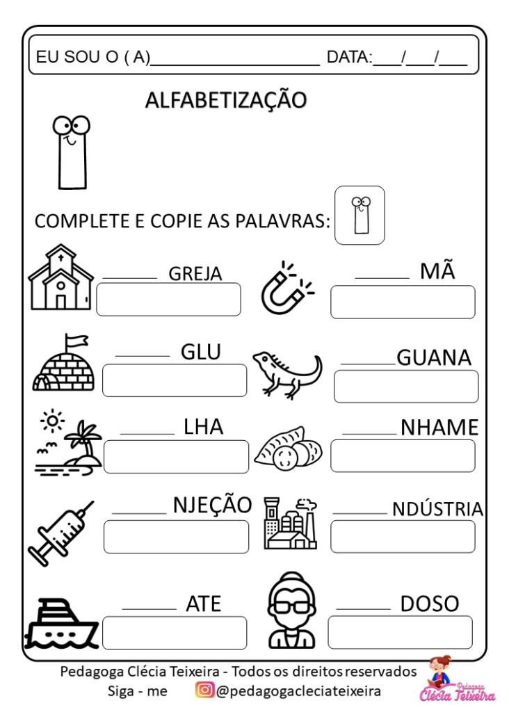 Atividades com letras e escrita das palavras