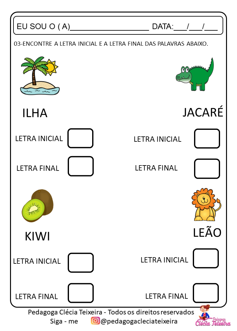Atividade com letra inicial e final para imprimir - Clécia Teixeira