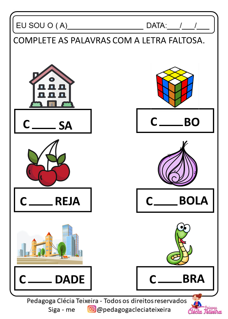 Atividades com letras faltosas alfabetização - Clécia Teixeira