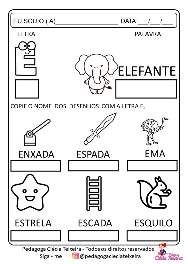 Atividades escrever nomes dos desenhos