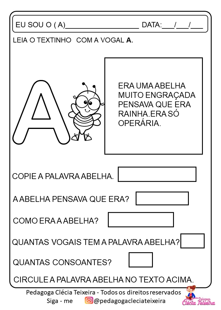 Vogais com textos-Atividades para imprimir - Clécia Teixeira