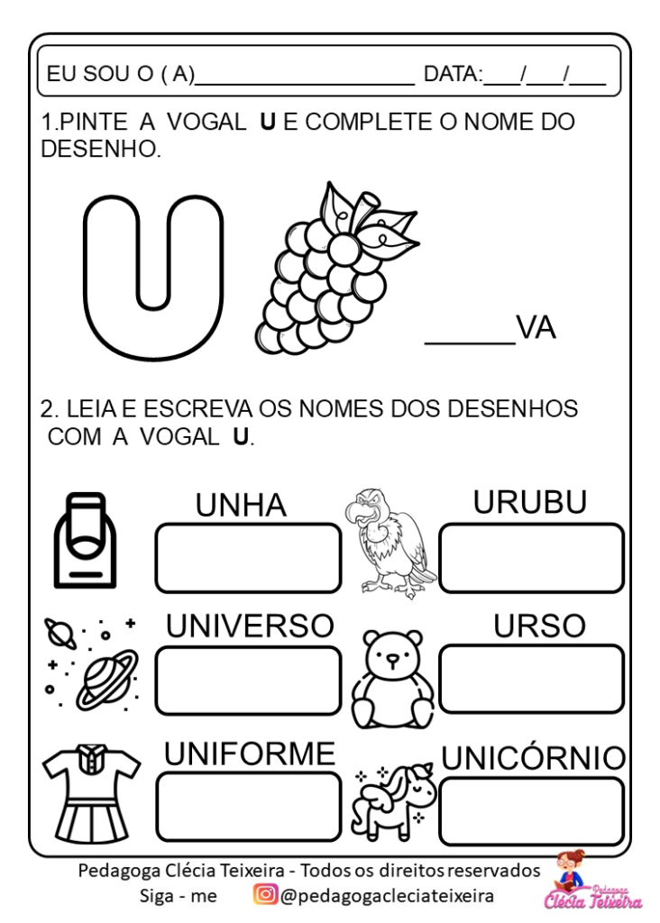 Atividades vogais 1 ano Em PDF para imprimir