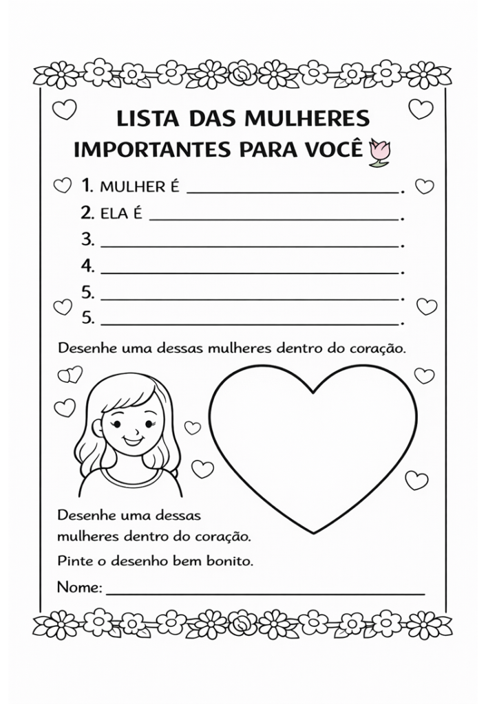As atividades do Dia da Mulher procuram reconhecer a importância da data comemorativa e estimular a reflexão das crianças sobre a força da figura feminina. No Dia Internacional da Mulher, celebrado no 8 de março, reconhecemos a importância e a contribuição das mulheres em todas as esferas da vida