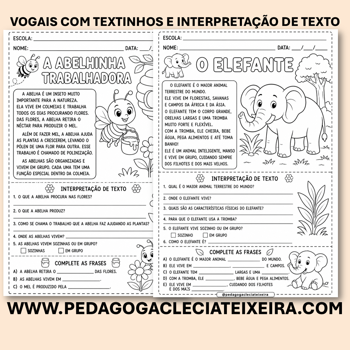 Vogais com textinhos e interpretação de texto