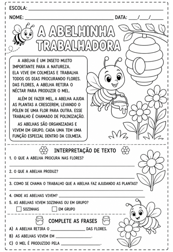 Vogais com textinhos e interpretação de texto