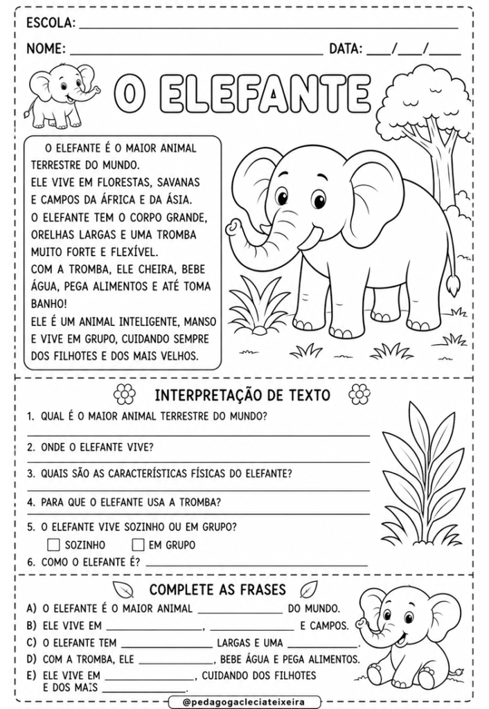 Vogais com textinhos e interpretação de texto