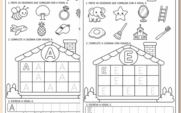 As vogais com traçado e desenhos A E I O U colorindo