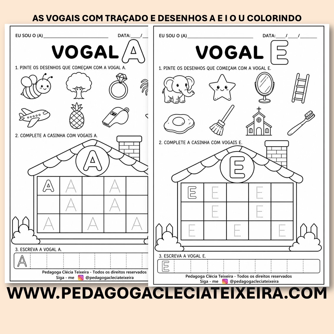 As vogais com traçado e desenhos A E I O U colorindo