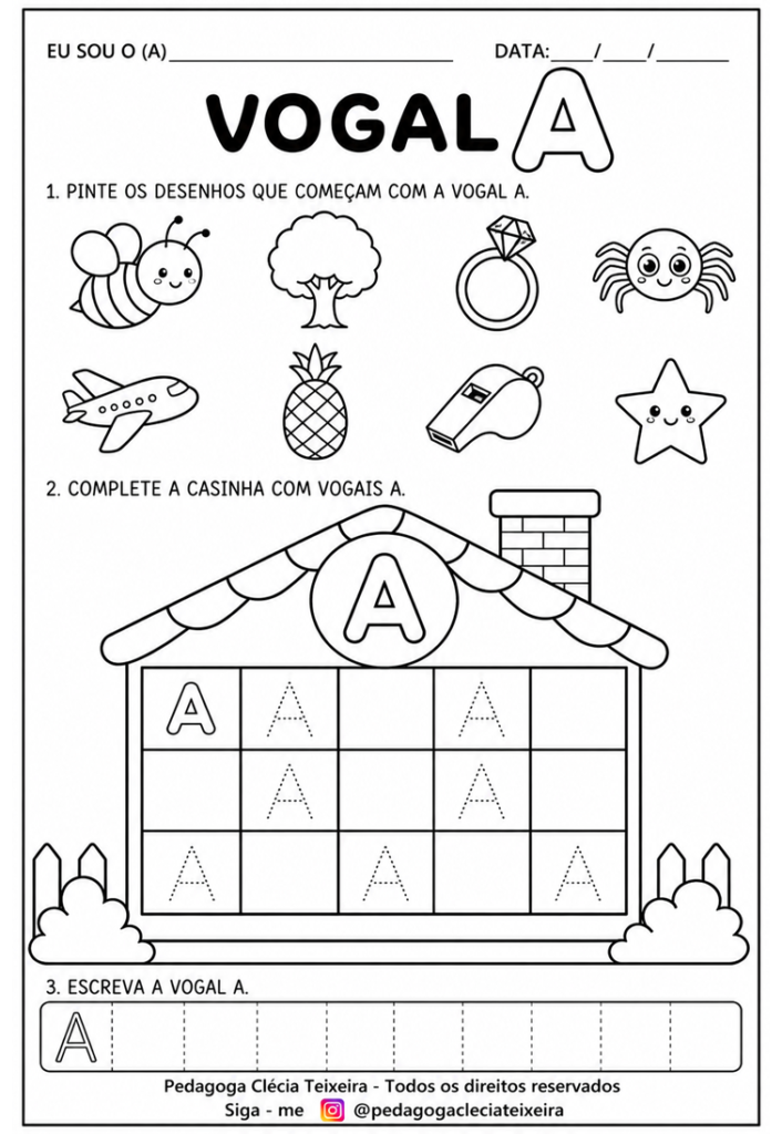 As vogais com traçado e desenhos A E I O U colorindo