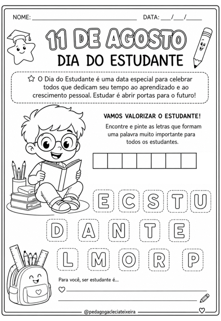 Atividades dia do estudante para colorir e matemática