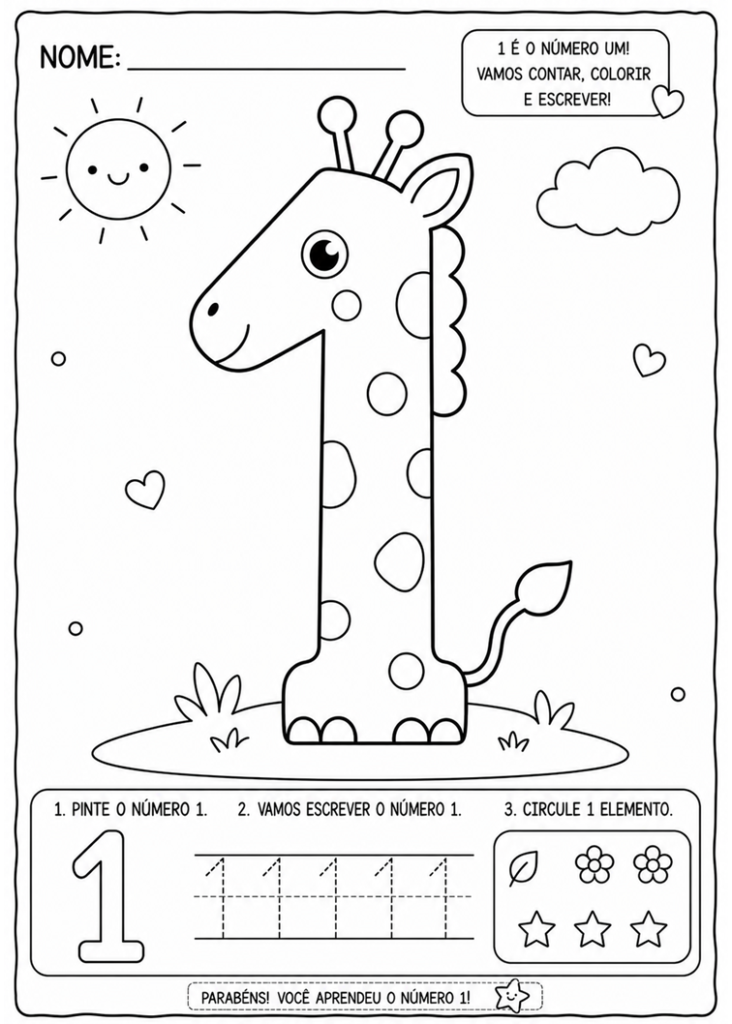 Apostila números temáticos girafinha tracejado