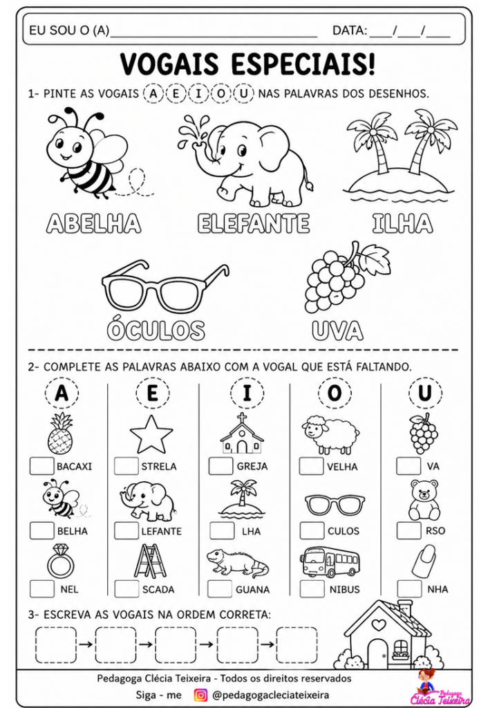 As vogais interativas para imprimir e colorir