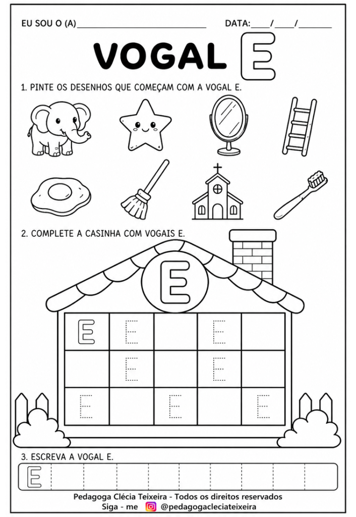 As vogais com traçado e desenhos A E I O U colorindo