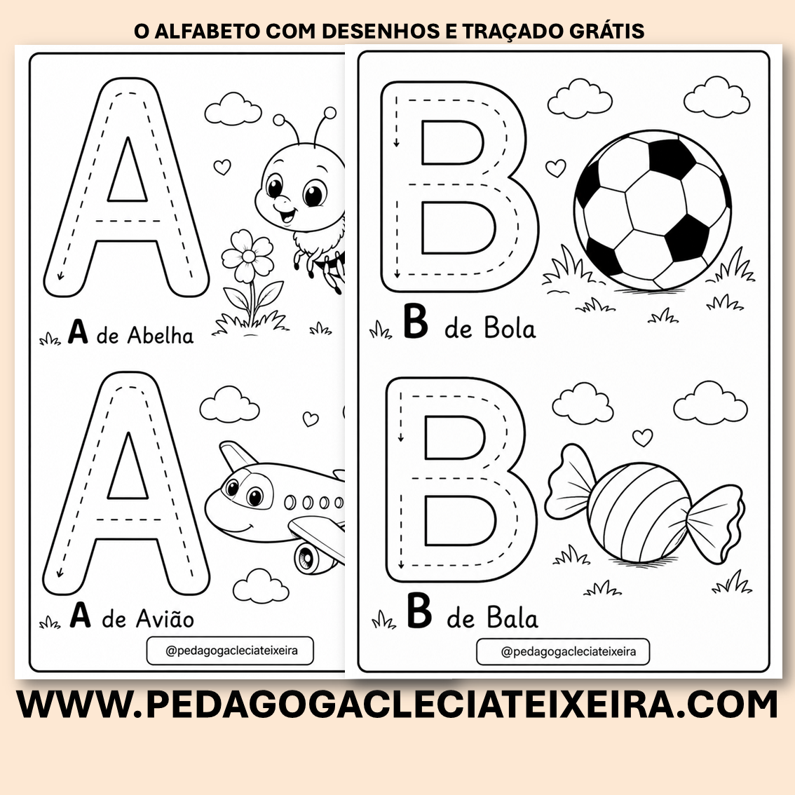 O alfabeto com traçado e desenhos grátis