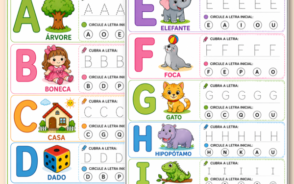 Letras tracejado com desenhos educação infantil