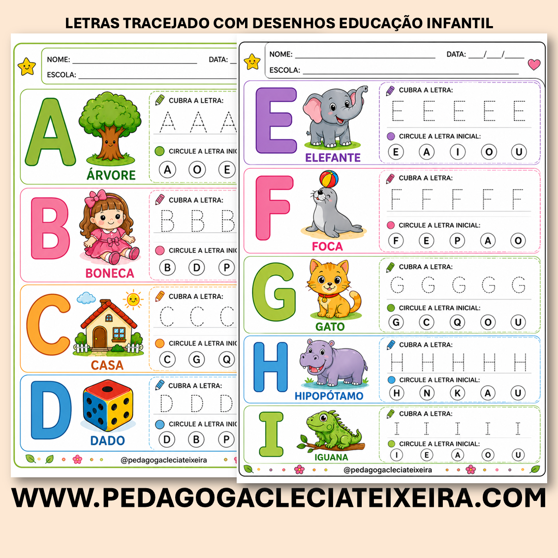 Letras tracejado com desenhos educação infantil