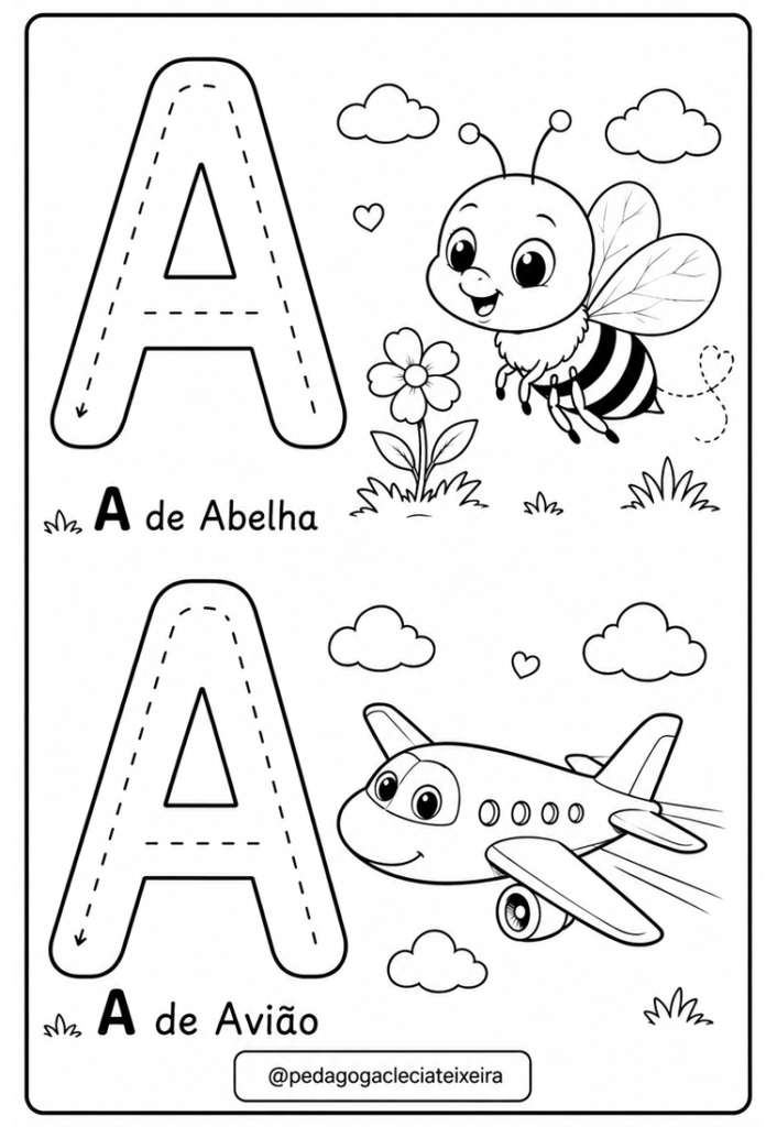 O alfabeto com traçado e desenhos grátis