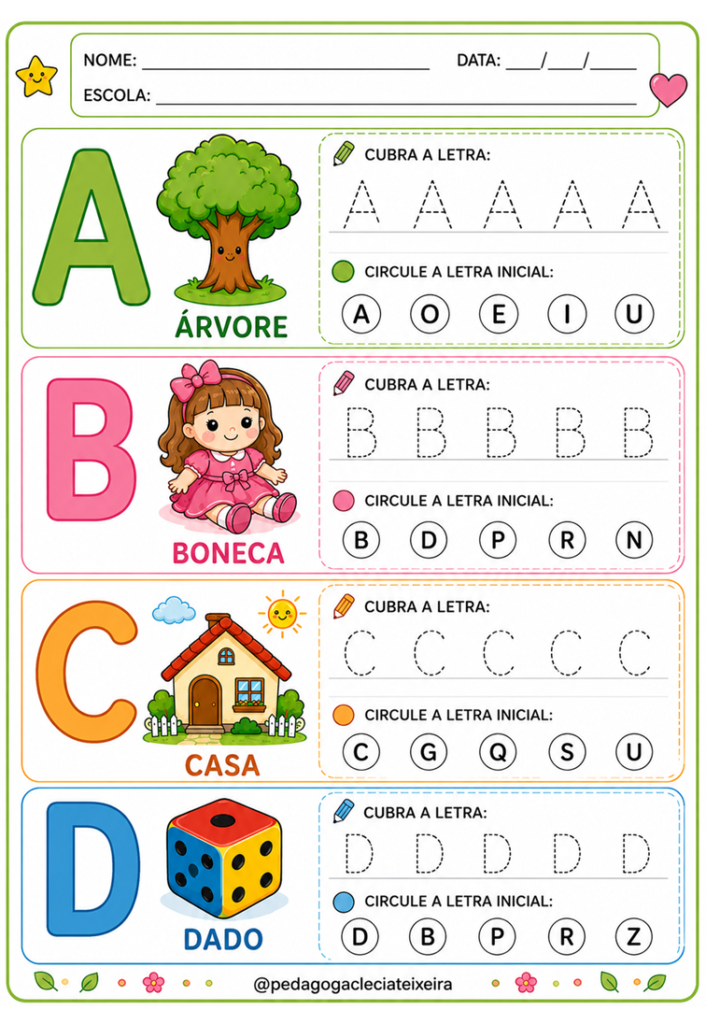 Letras tracejado com desenhos educação infantil