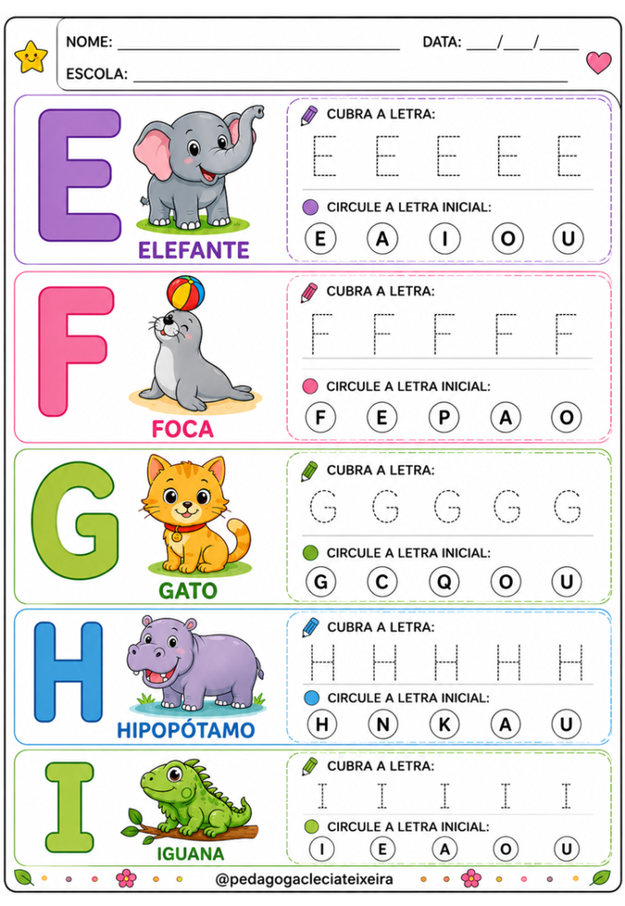 Letras tracejado com desenhos educação infantil